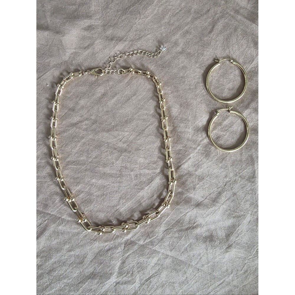Paperclip Chain Link Necklace And 18kt Gold Over Sterling Silver Hoop Earrings